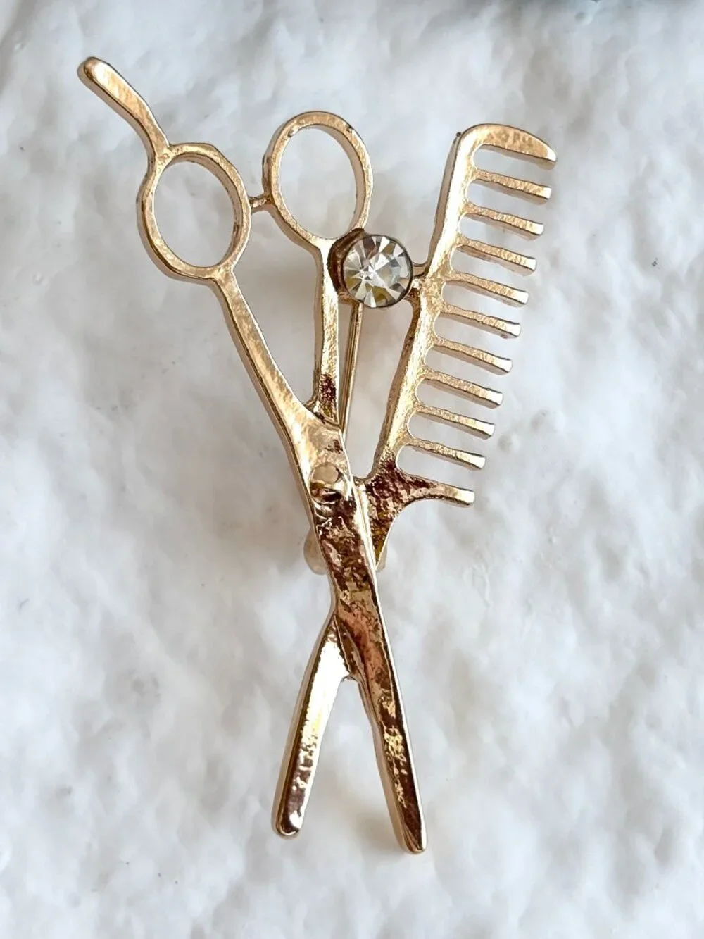 Scissor & Comb Hairdresser | Hair Stylist Gold Toned Rhinestone Brooch Pin